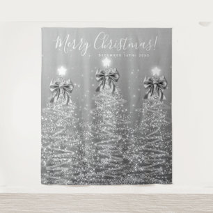 Holiday Backdrop Silver Christmas Trees w/ Bows Tapestry