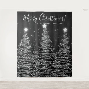 Holiday Backdrop Silver Merry Christmas Trees Tapestry