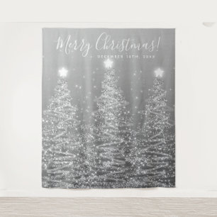 Holiday Backdrop Silver Merry Christmas Trees Tapestry