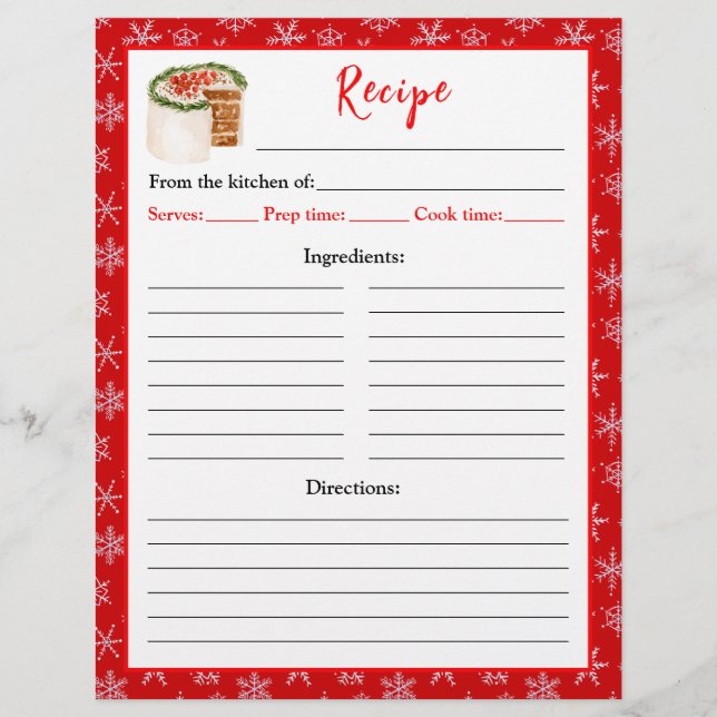 Holiday Baking Christmas Cake Recipe Page (Front)