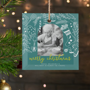 Holiday Baking Green Hand Drawn Christmas Photo Glass Tree Decoration