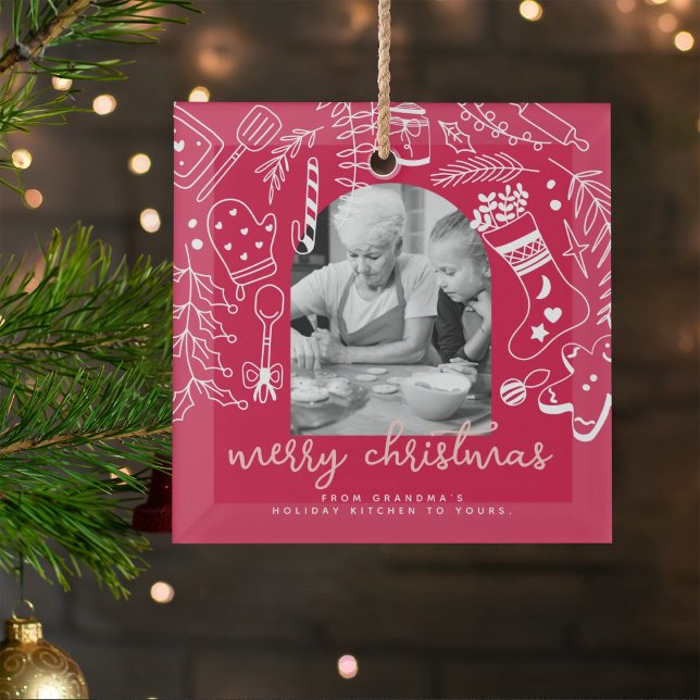 Holiday Baking Red Hand Drawn Christmas Photo Glass Tree Decoration (Creator Uploaded)
