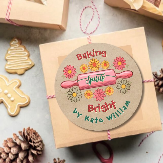 Holiday Baking spirits bright floral kraft paper  Classic Round Sticker (Creator Uploaded)