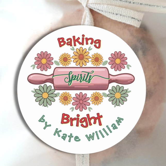 Holiday Baking spirits bright floral retro Classic Round Sticker (Creator Uploaded)