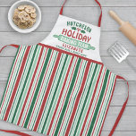 Holiday Baking Team Christmas Cookie Party Striped Apron<br><div class="desc">Celebrate time together at home in the kitchen with a custom red & green striped Holiday Baking Team apron. All text on this template is simple to customise. The design features red, green and white vertical stripes, cute holly leaves and berries, rolling pin, family name, and optional funny title. Add...</div>