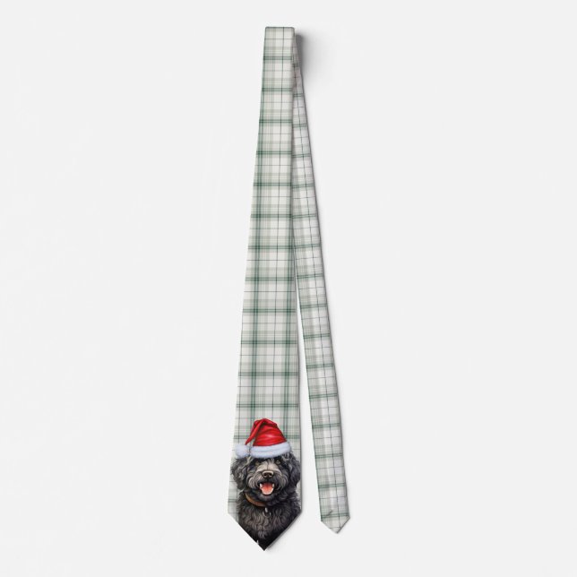 Holiday Barbet Dog Green Plaid Christmas Tie (Front)