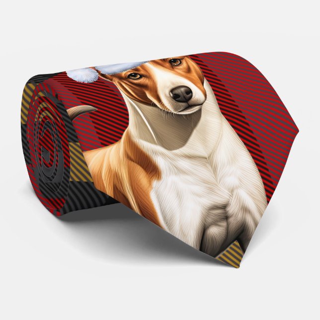 Holiday Basenji Dog Red and Green Plaid Christmas Tie (Rolled)
