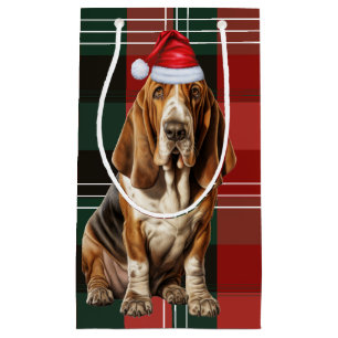 Holiday Basset Hound Dog and Plaid Christmas Small Gift Bag