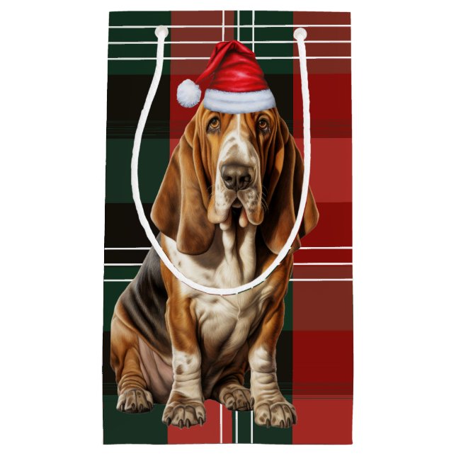 Holiday Basset Hound Dog and Plaid Christmas Small Gift Bag (Front)