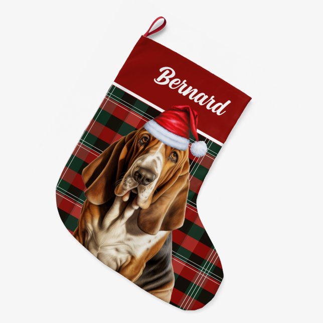 Holiday Basset Hound Festive Plaid with Dog's Name Large Christmas Stocking (Front (Hanging))