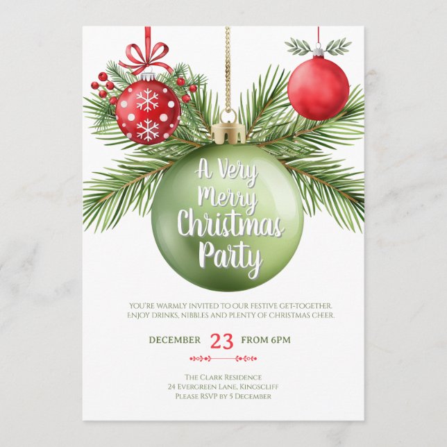 Holiday baubles Red & Green Christmas Party Invitation (Front)