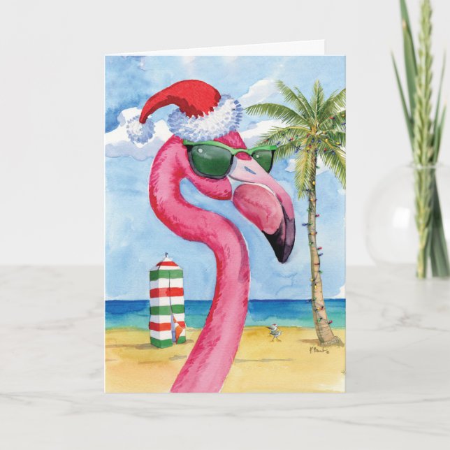 Holiday Beach Animals-Flamingo - Merry Christmas Card (Front)