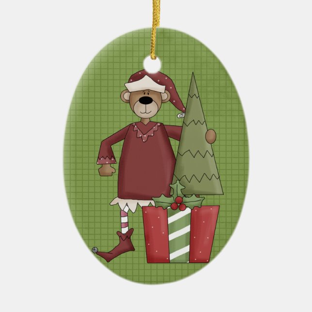 Holiday Bear Ceramic Christmas Ornament (Front)