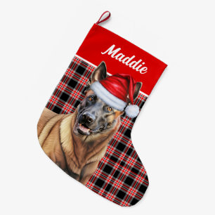 Holiday Belgian Malinois Red Plaid with Dog's Name Large Christmas Stocking