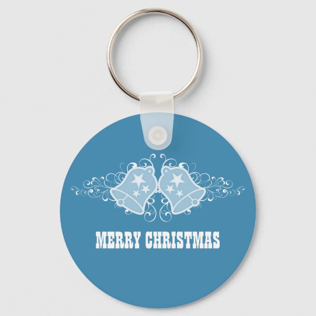 Holiday Bells and Swirls Keychain, Blue Key Ring (Front)