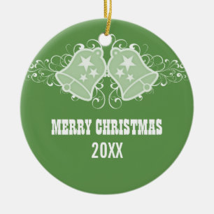 Holiday Bells and Swirls Ornament, Green Ceramic Tree Decoration