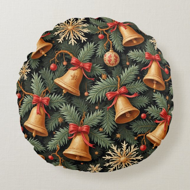 Holiday Bells, Decorative Christmas Pattern, Round Cushion (Front)
