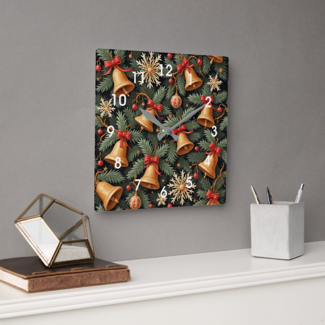 Holiday Bells, Decorative Christmas Pattern, Square Wall Clock (Office)