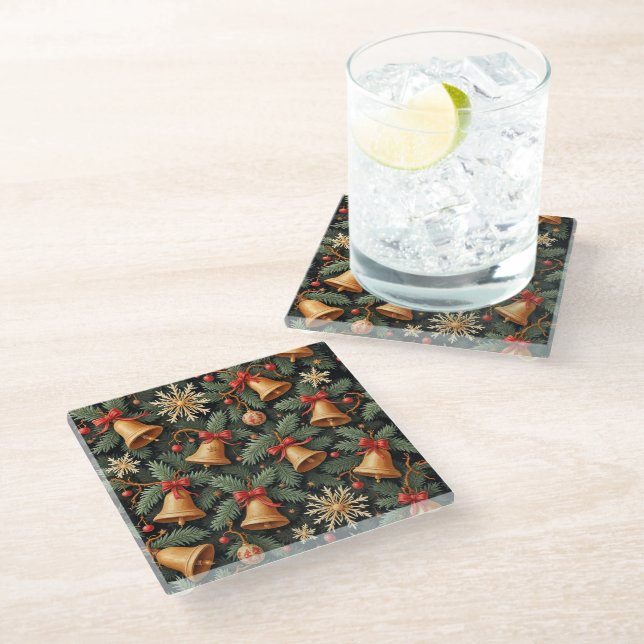 Holiday Bells, decorative pattern. Glass Coaster (Angled)