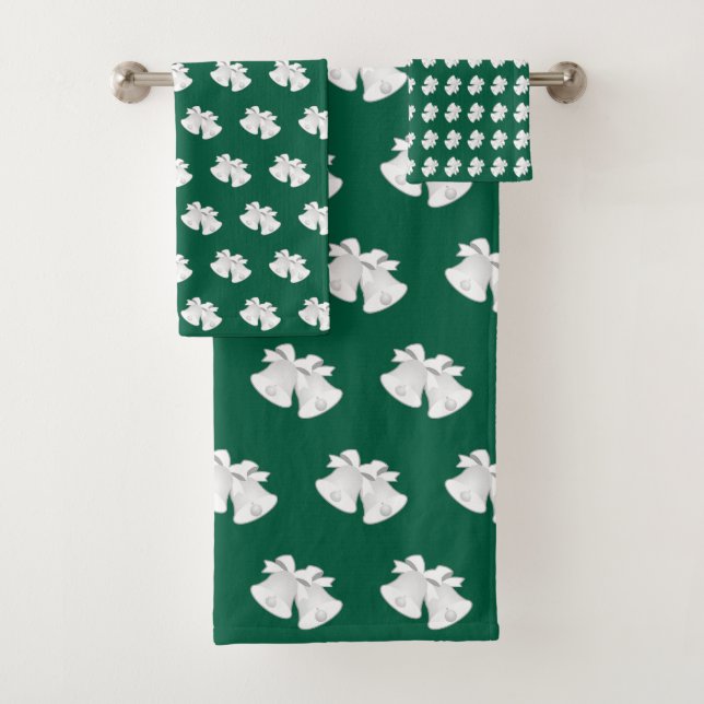 Holiday Bells Repeat Christmas Wedding Green   Bath Towel Set (Insitu)