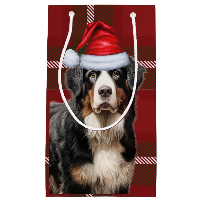 Holiday Bernese Mountain Dog Fun Plaid Christmas Small Gift Bag (Front)