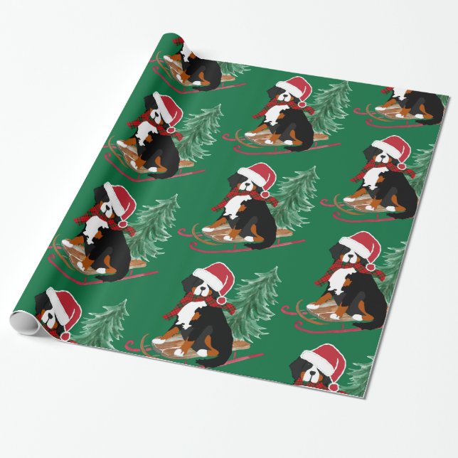 Holiday Bernese Mt Dog Christmas Sled Wrapping Paper (Unrolled)