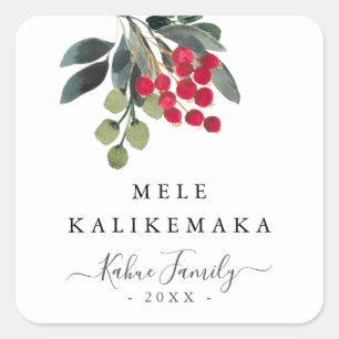Holiday Berries Mele Kalikemaka Script Custom Text Square Sticker