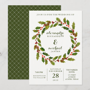 Holiday Berries   Watercolor Wreath Wedding Invitation