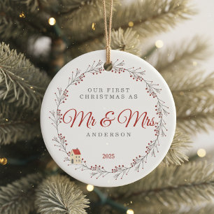Holiday Berry Branch Christmas Newlyweds Ceramic Tree Decoration