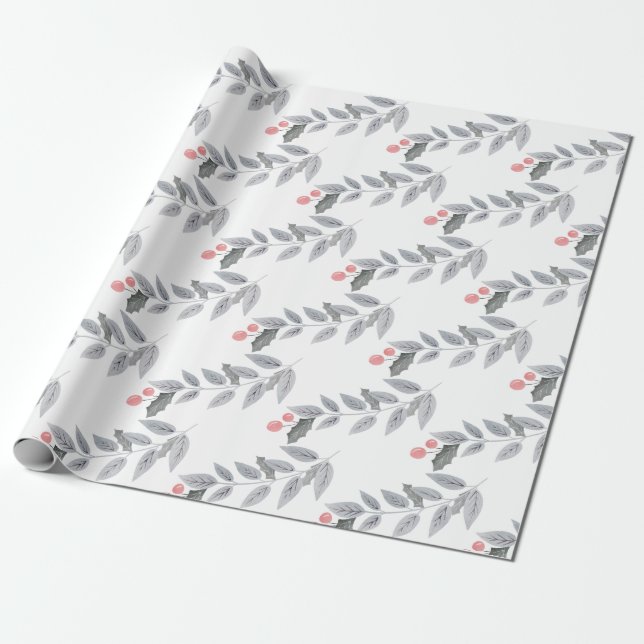 Holiday Berry Leaf Branch Wrapping Paper (Unrolled)