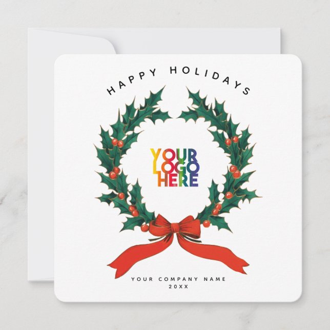 Holiday Berry Wreath Business Logo Christmas Card (Front)