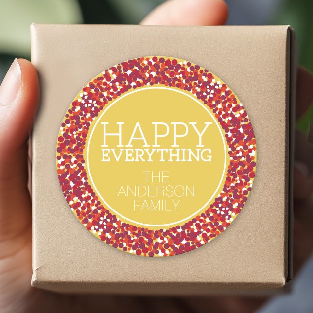 Holiday Berry Wreath with Happy Everything Classic Round Sticker (Custom Sticker for Party Favors and Envelopes)
