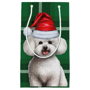Holiday Bichon Frise Dog Green Plaid Christmas Small Gift Bag