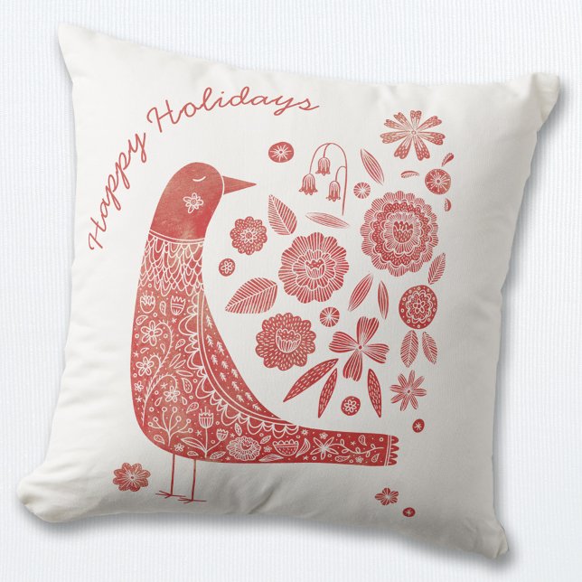 Holiday Bird Scandinavian Red White Throw Pillow (Nordic Scandinavian style red and white bird pillow with Happy Holidays text)