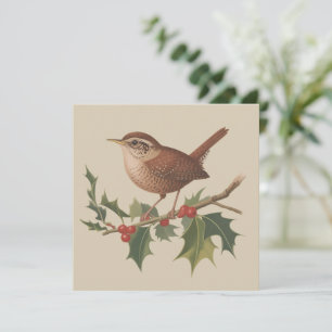 Holiday Bird Wren on Holly Branch Christmas Nature Card