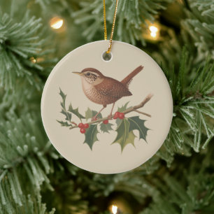 Holiday Bird Wren on Holly Branch Christmas Nature Ceramic Tree Decoration