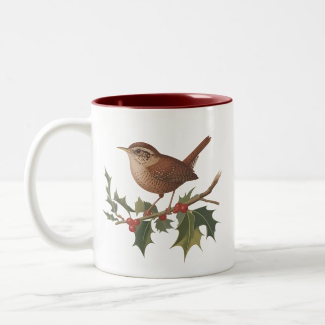 Holiday Bird Wren on Holly Branch Christmas Nature Two-Tone Coffee Mug (Left)