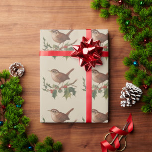 Holiday Bird Wren on Holly Branch Christmas Nature Wrapping Paper