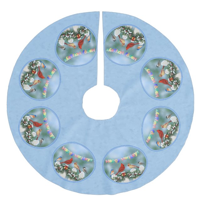 Holiday Birds & Christmas Garland Brushed Polyester Tree Skirt (Front)