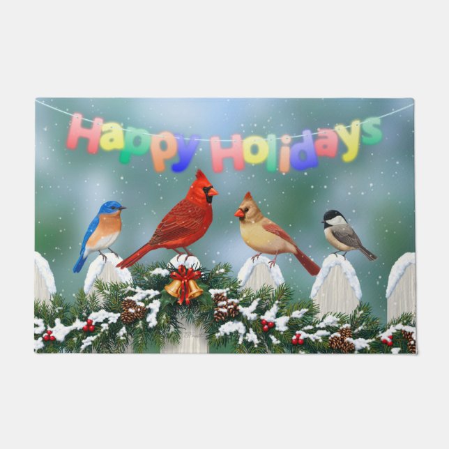 Holiday Birds & Christmas Garland Doormat (Front)