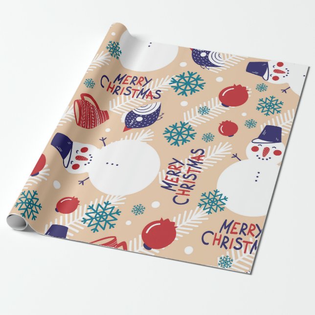 Holiday Birds & Snowman Wrapping Paper (Unrolled)