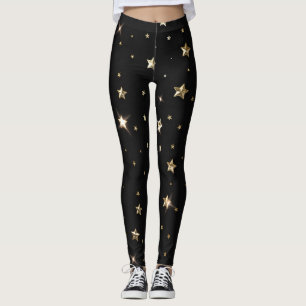 Holiday Black and Gold Faux Metal Christmas Stars Leggings