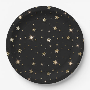 Holiday Black and Gold Faux Metal Christmas Stars Paper Plate