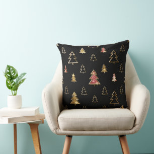 Holiday Black and Gold Faux Metal Christmas Trees Cushion