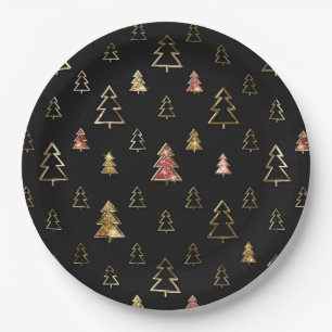 Holiday Black and Gold Faux Metal Christmas Trees Paper Plate