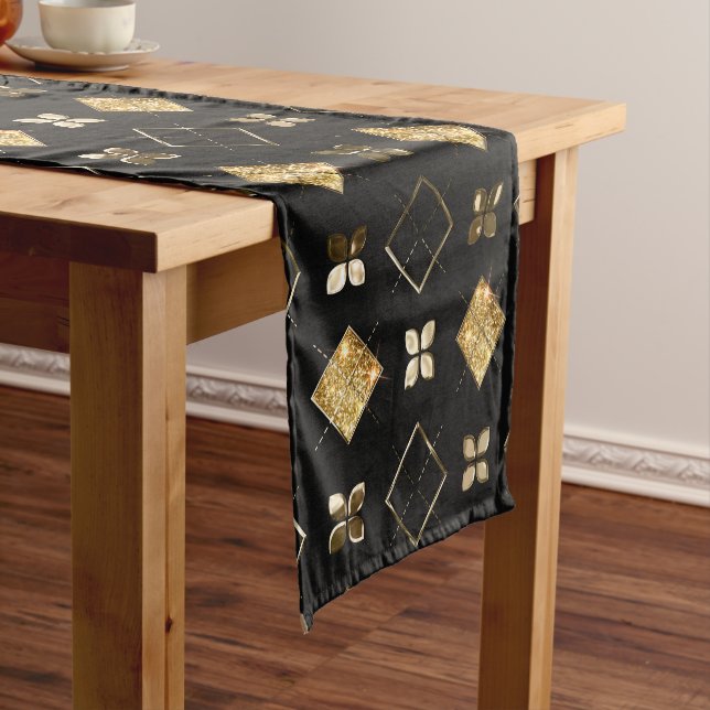 Holiday Black and Gold Metal Christmas Geometric Short Table Runner (In Situ)