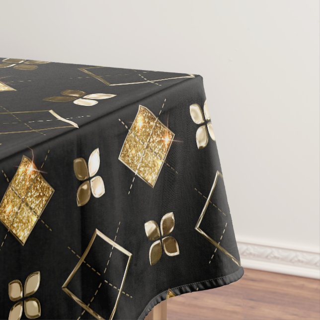 Holiday Black and Gold Metal Christmas Geometric Tablecloth (In Situ)