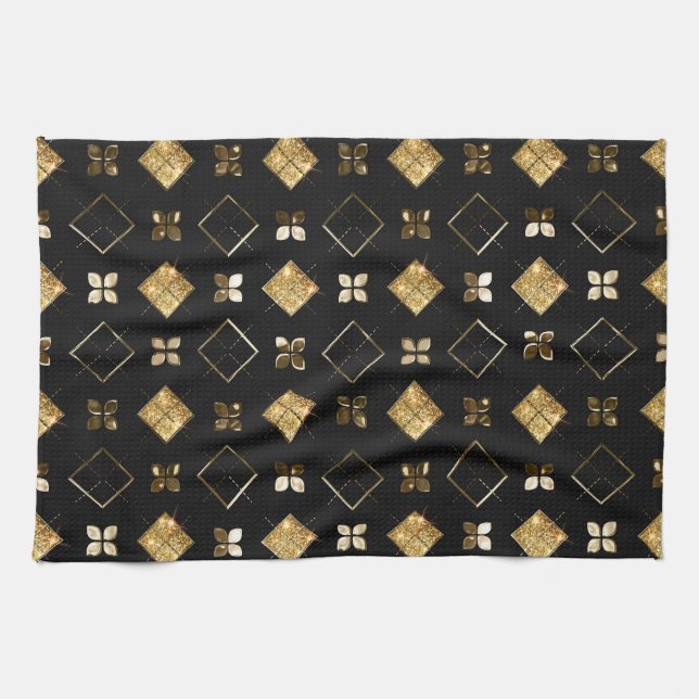 Holiday Black and Gold Metal Christmas Geometric Tea Towel (Horizontal)
