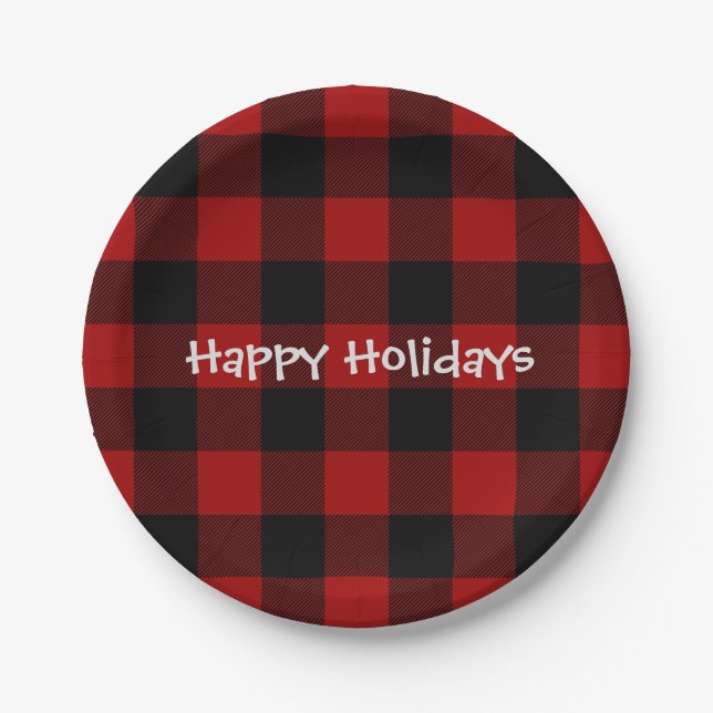 Holiday black and red buffalo plaid paper plate (Front)