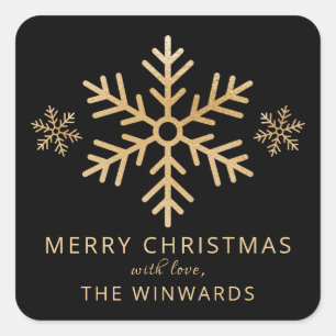 Holiday Black & Gold Foil Christmas Snowflake Square Sticker